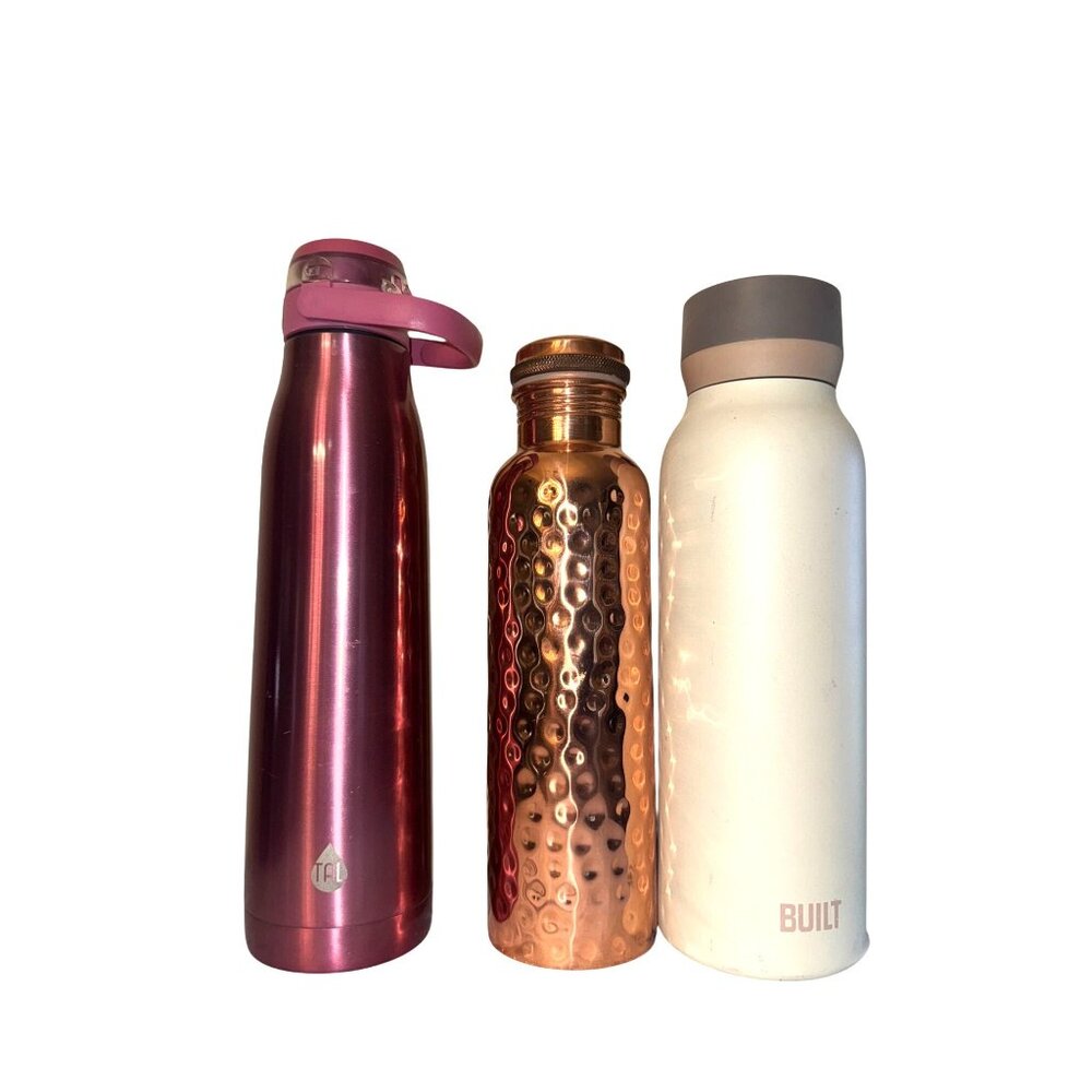 Set Of 3 Water Bottles: Pink Insulated With Flip Lid Copper Hammered White Built